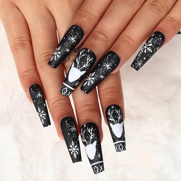 24 Acrylic Snowflake Reindeer Coffin Long Matte Black White Nails Press On - Picture 3 of 10